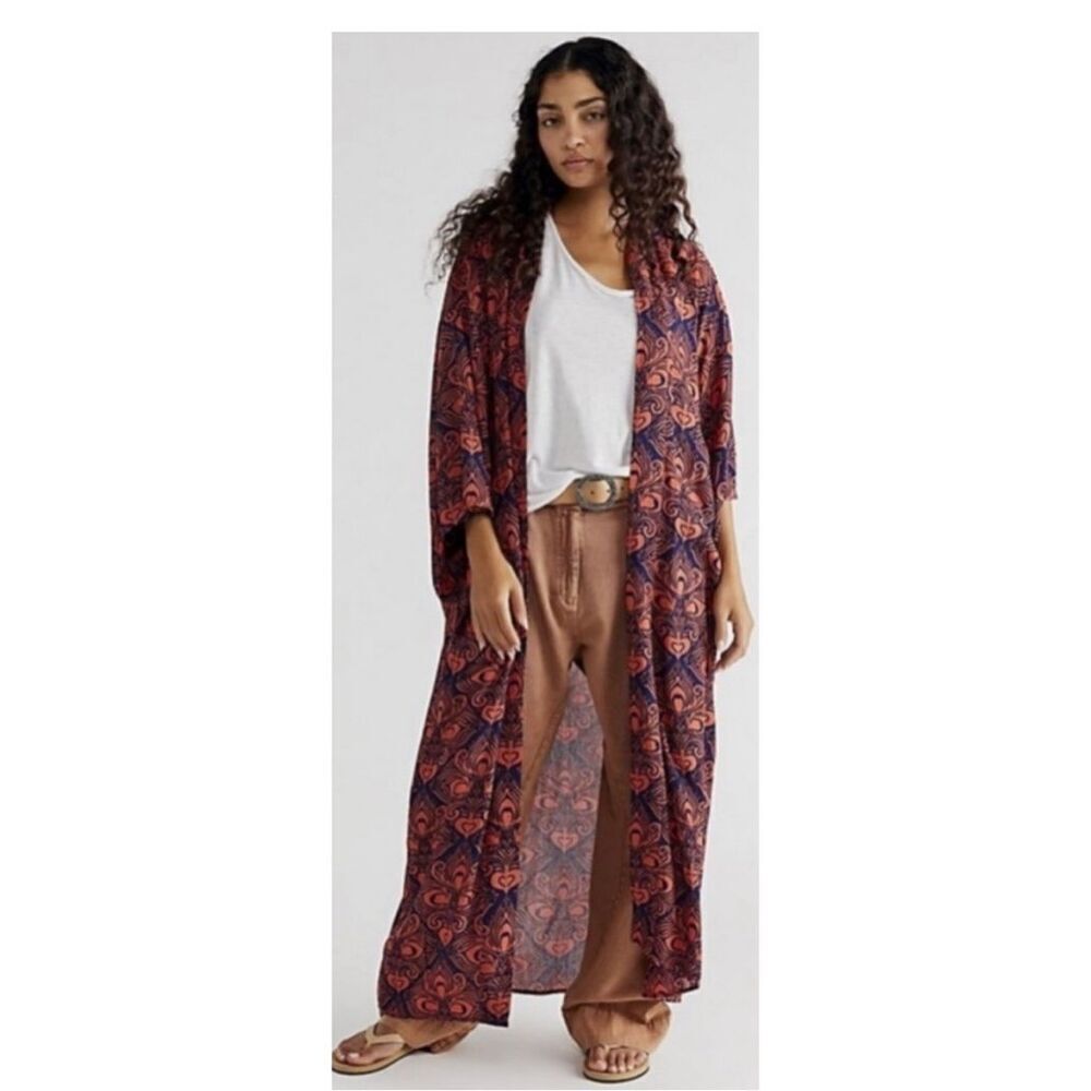 Free People Riviera Tile Paisley Scroll Heart Open Front Duster Maxi Kimono